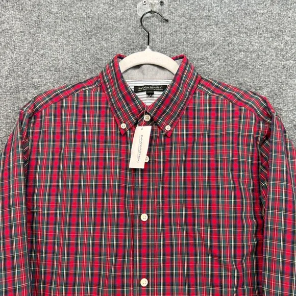 Banana Republic Button Down Shirt Mens Medium Red Elbow Patch Plaid Slim Fit NEW - Picture 2 of 10